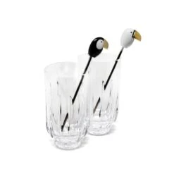 Lladro Toucan 2 Tall Crystal Glasses With 2 Stirrers Set Golden Luster