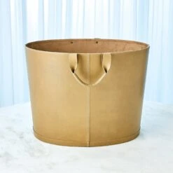 Global Views Oversized Oval Leather Basket - Putty