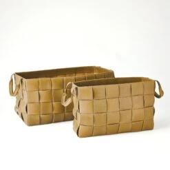 Global Views Soft Woven Leather Basket - Putty 10 Global Views Soft Woven Leather Basket - Putty -Grayson-Living 60715
