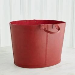 Global Views Oversized Oval Leather Basket - Deep Red 10 Global Views Oversized Oval Leather Basket - Deep Red -Grayson-Living 73081