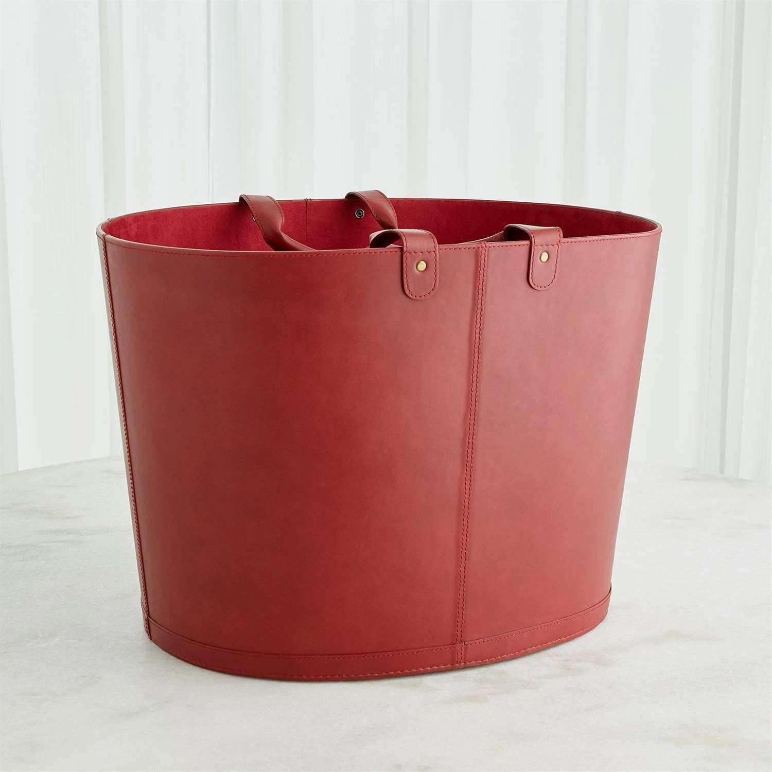 Global Views Oversized Oval Leather Basket - Deep Red 6 Global Views Oversized Oval Leather Basket - Deep Red - Image 6