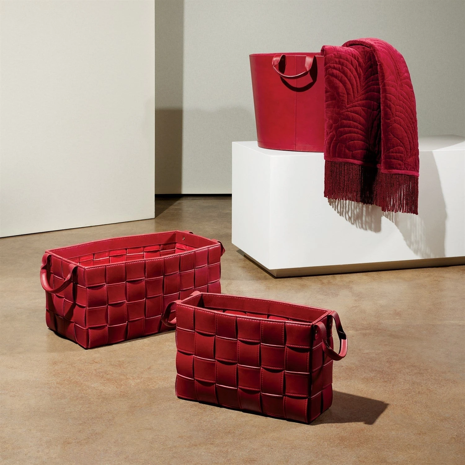 Global Views Oversized Oval Leather Basket - Deep Red 3 Global Views Oversized Oval Leather Basket - Deep Red - Image 3