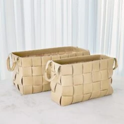 Global Views Soft Woven Leather Basket - Beige