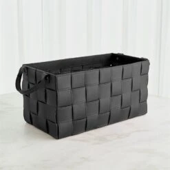 Global Views Soft Woven Leather Basket - Black -Grayson-Living 76102