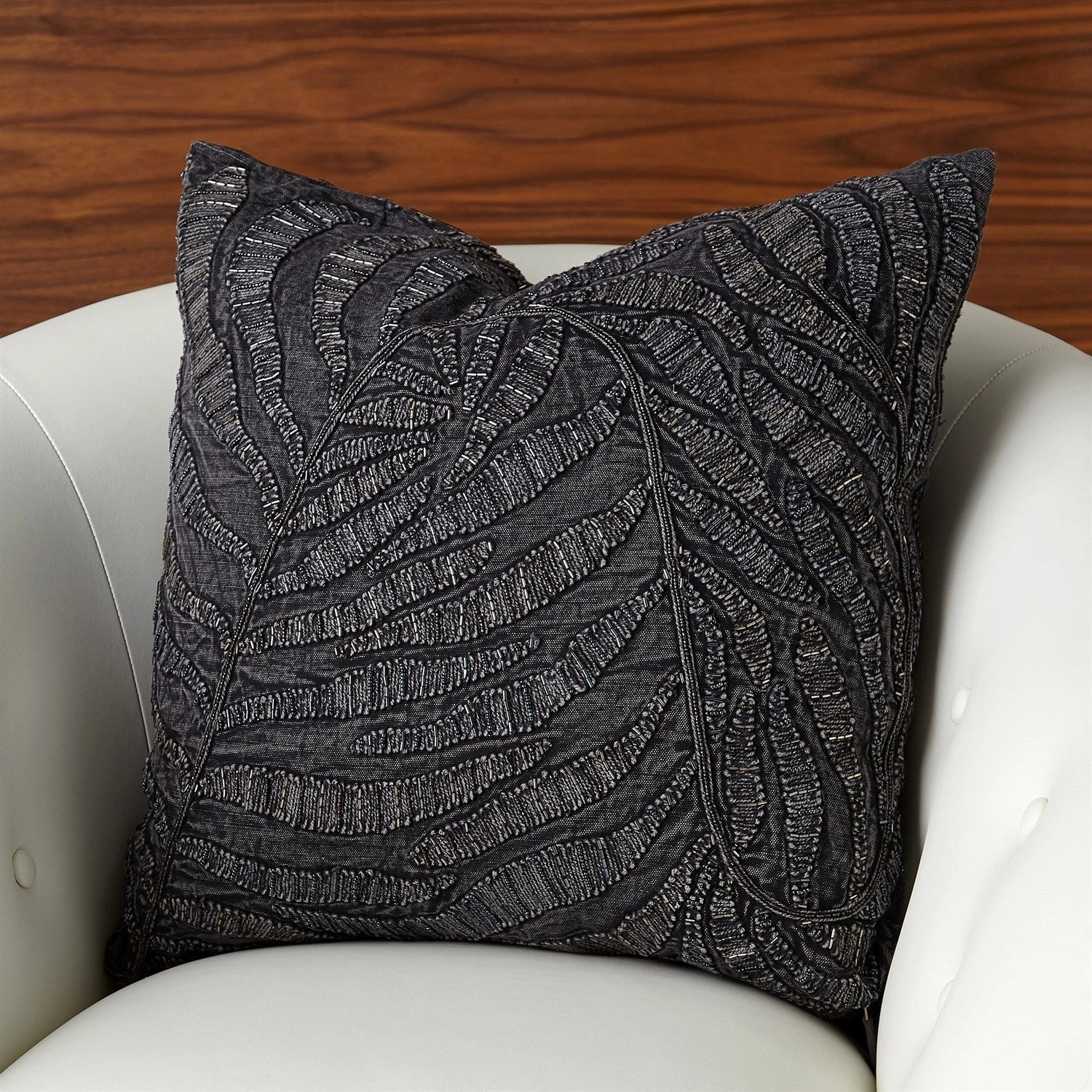 Global Views Beaded Palm Leaf Pillow - Indigo DSC 2 Global Views Beaded Palm Leaf Pillow - Indigo DSC - Image 2