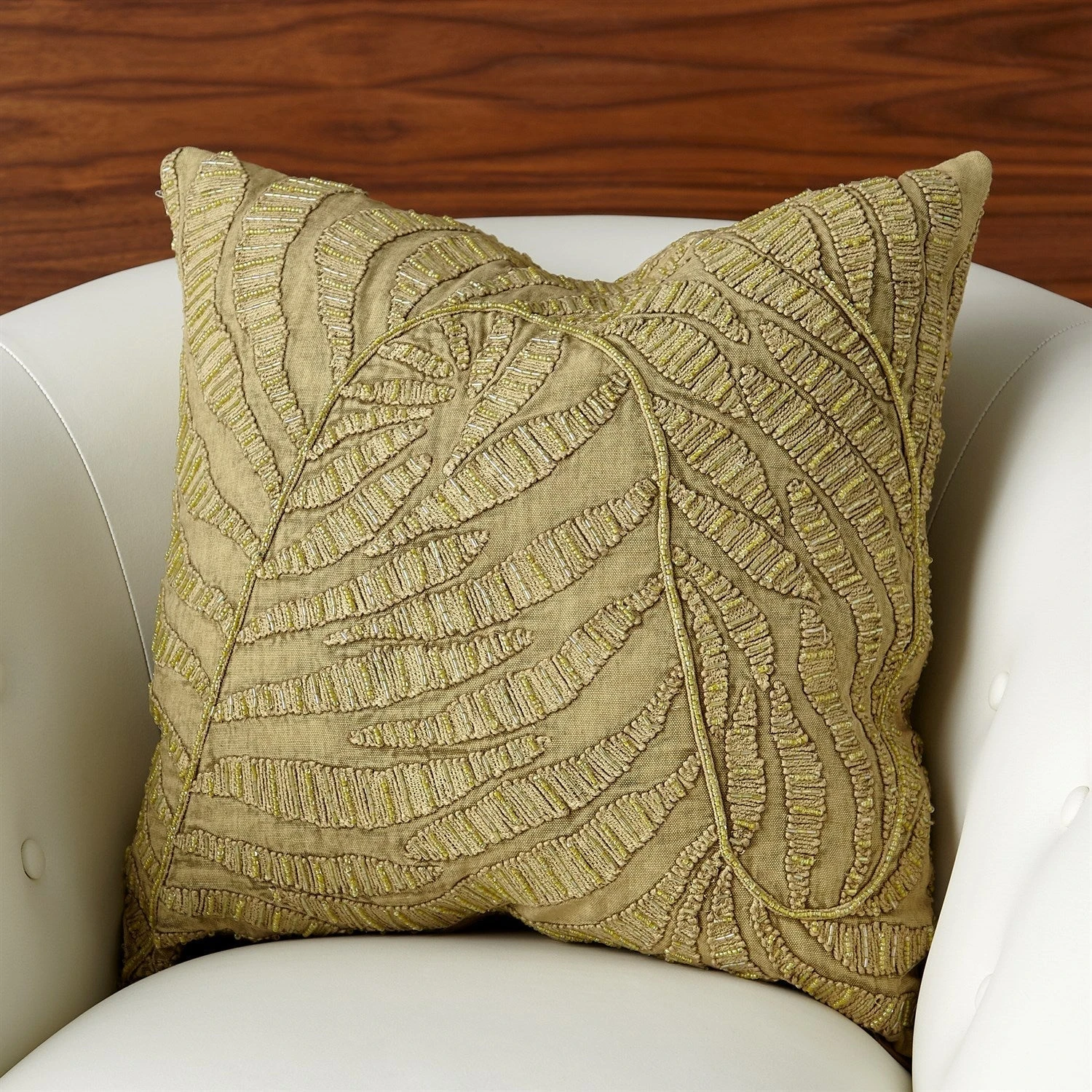 Global Views Beaded Palm Leaf Pillow - Khaki DSC 2 Global Views Beaded Palm Leaf Pillow - Khaki DSC - Image 2