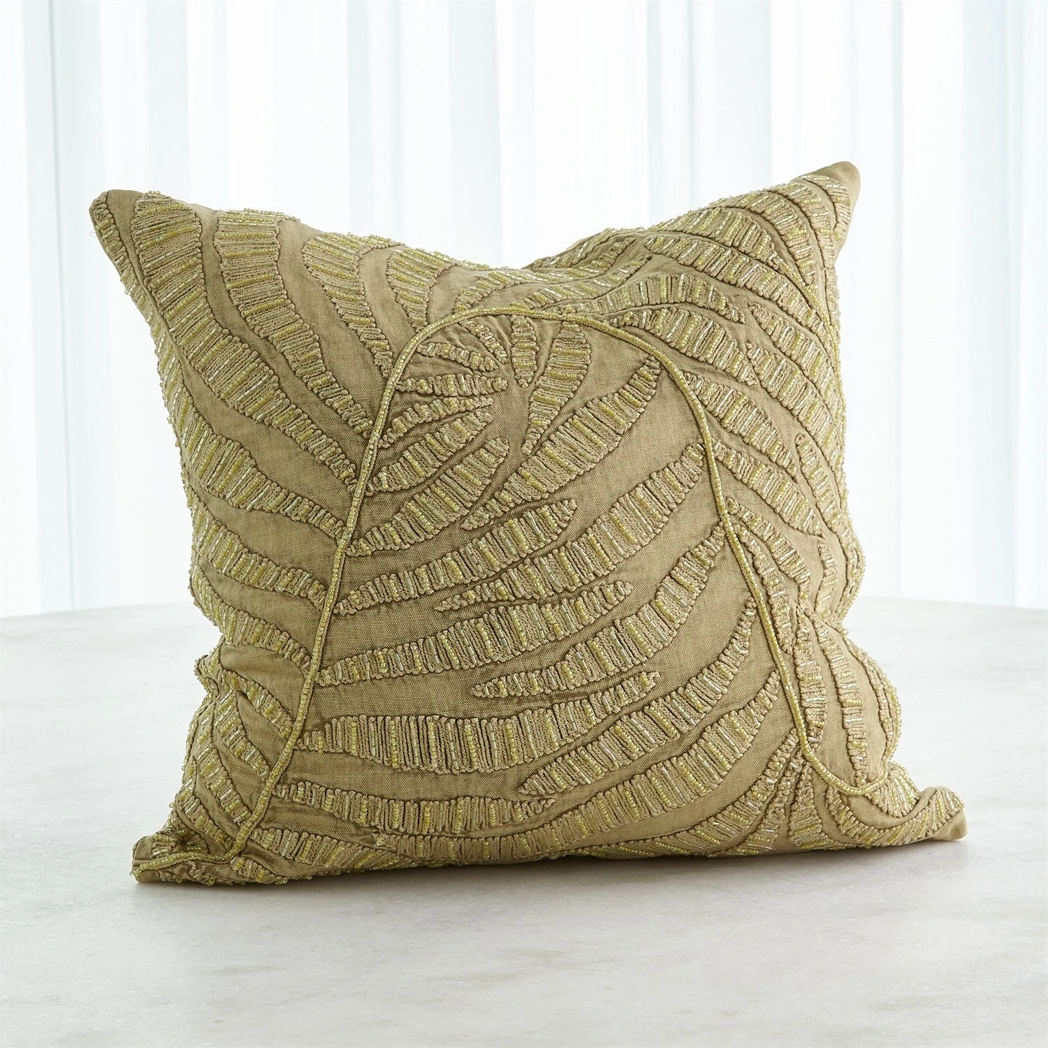 Global Views Beaded Palm Leaf Pillow - Khaki DSC 1 Global Views Beaded Palm Leaf Pillow - Khaki DSC
