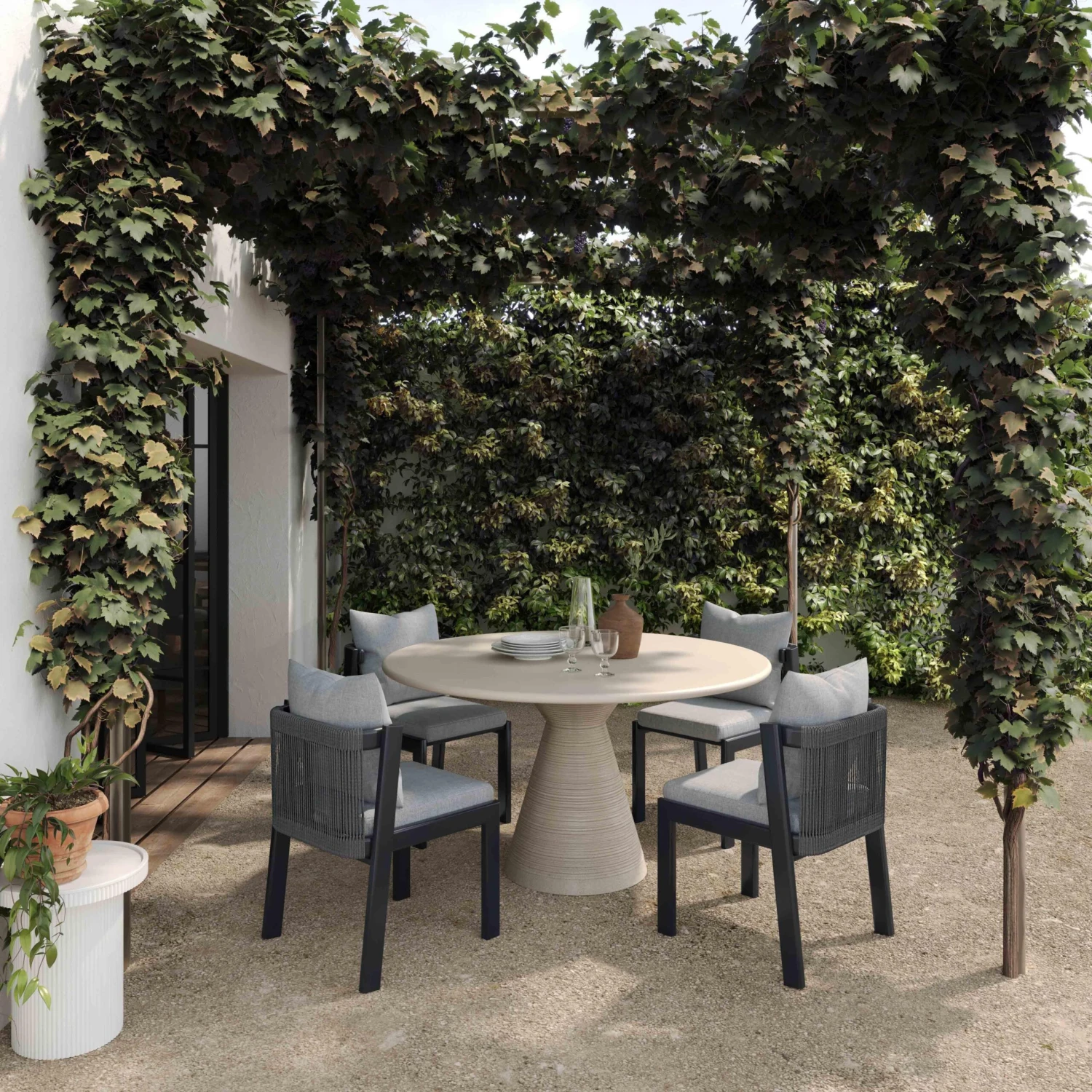 TOV Furniture Fern Beige Textured Faux Plaster Concrete Indoor / Outdoor Round Dining Table 2 TOV Furniture Fern Beige Textured Faux Plaster Concrete Indoor / Outdoor Round Dining Table - Image 2