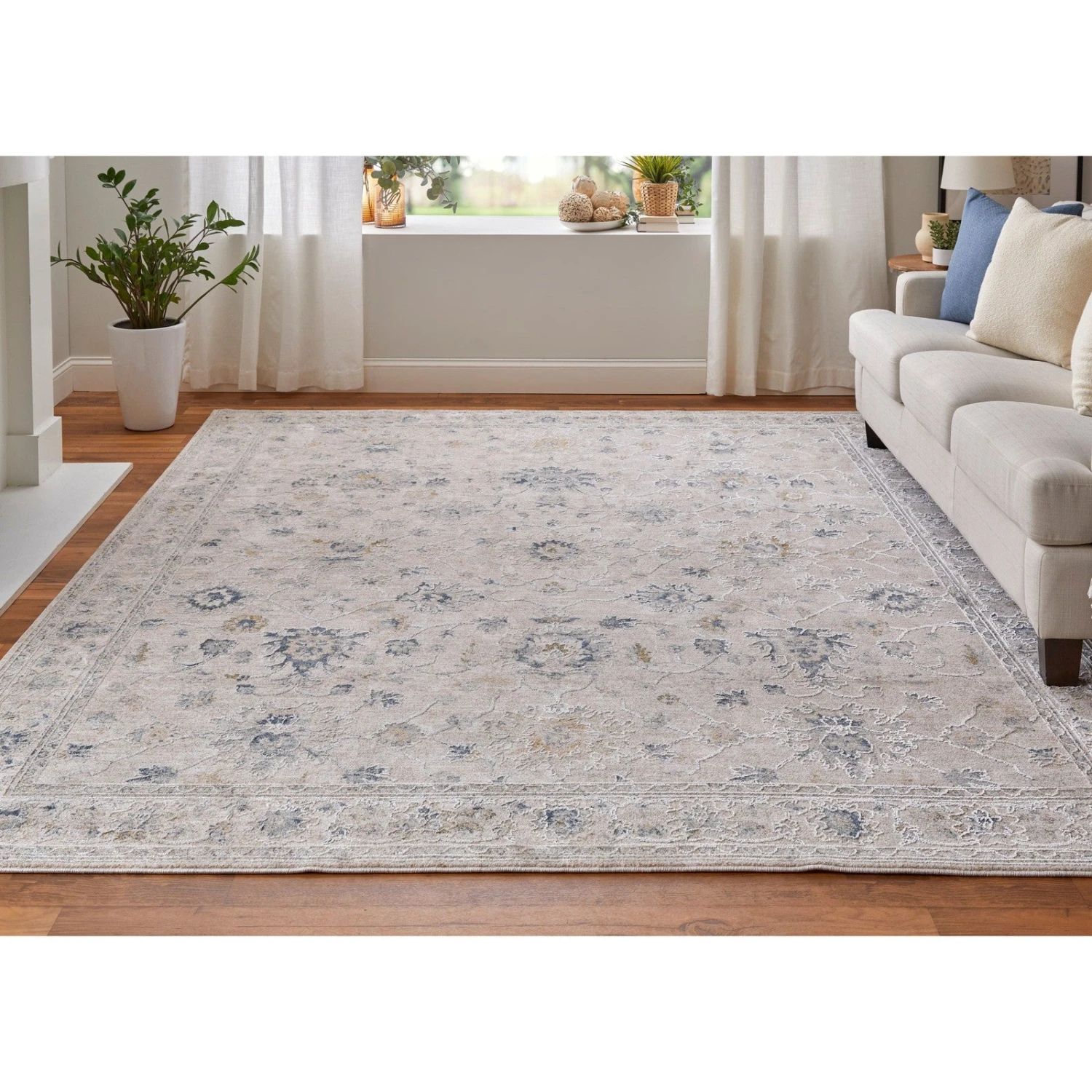 Feizy Pasha 39M7F Transitional Floral & Botanical In Ivory/Taupe/Blue 4 Feizy Pasha 39M7F Transitional Floral & Botanical In Ivory/Taupe/Blue - Image 4