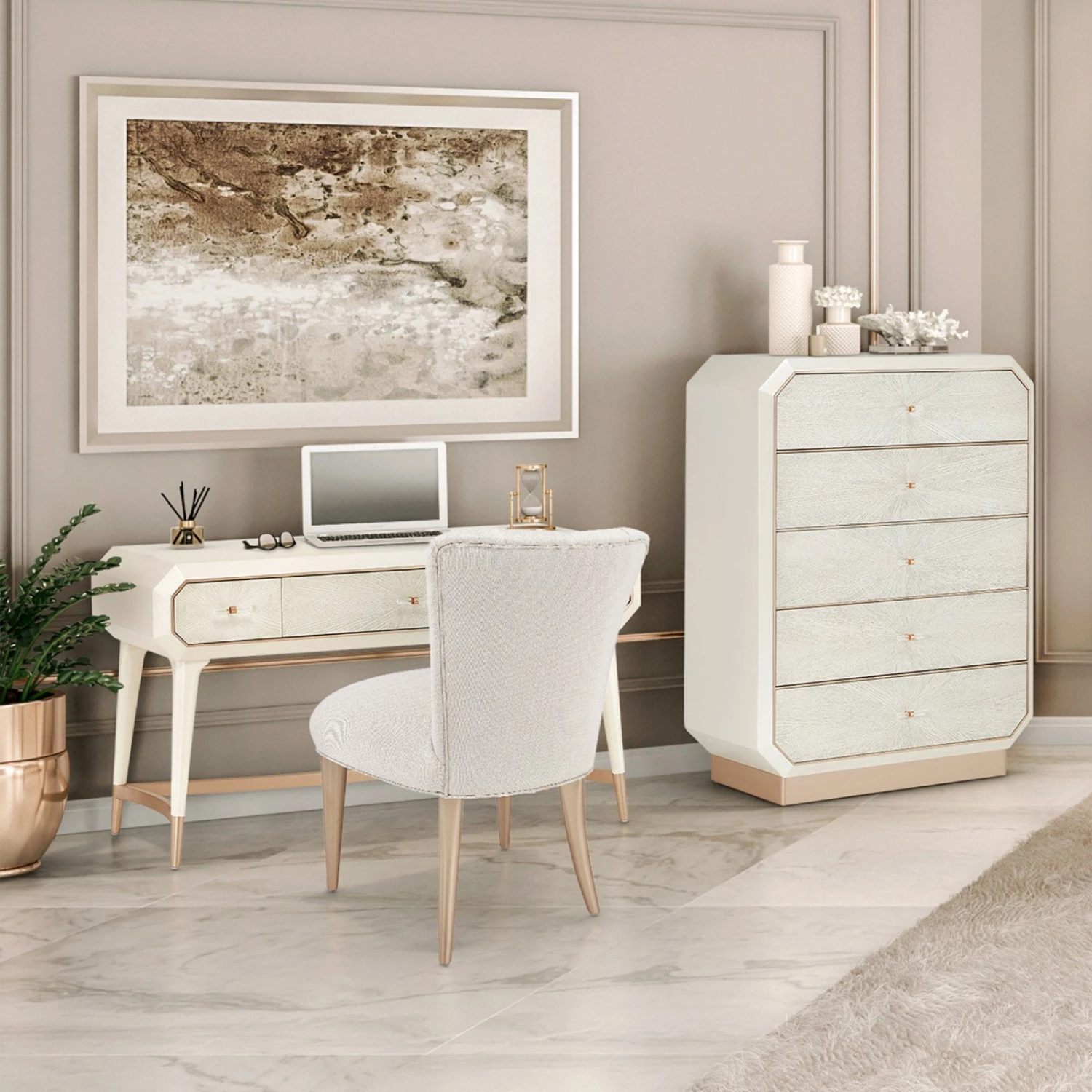 Michael Amini La Rachelle Vanity Set With Mirror & Chair - Champagne 2 Michael Amini La Rachelle Vanity Set With Mirror & Chair - Champagne - Image 2
